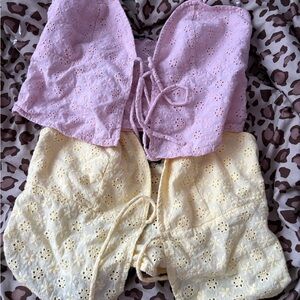 Eyelet Lace-Up Bandeau Bralette in Lavender and Cream